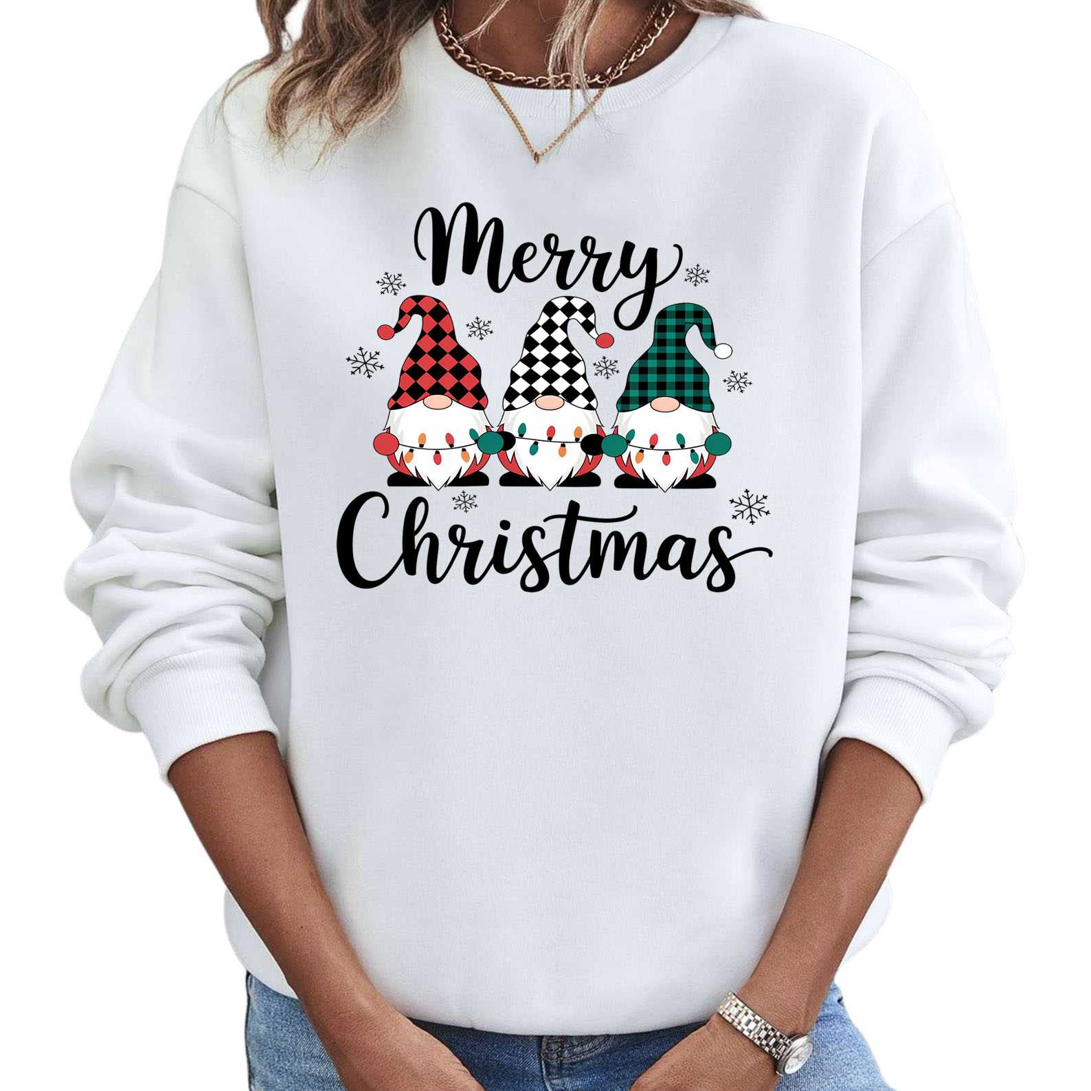Merry Christmas Sweatshirt – Plaid Gnomes Holiday Crewneck