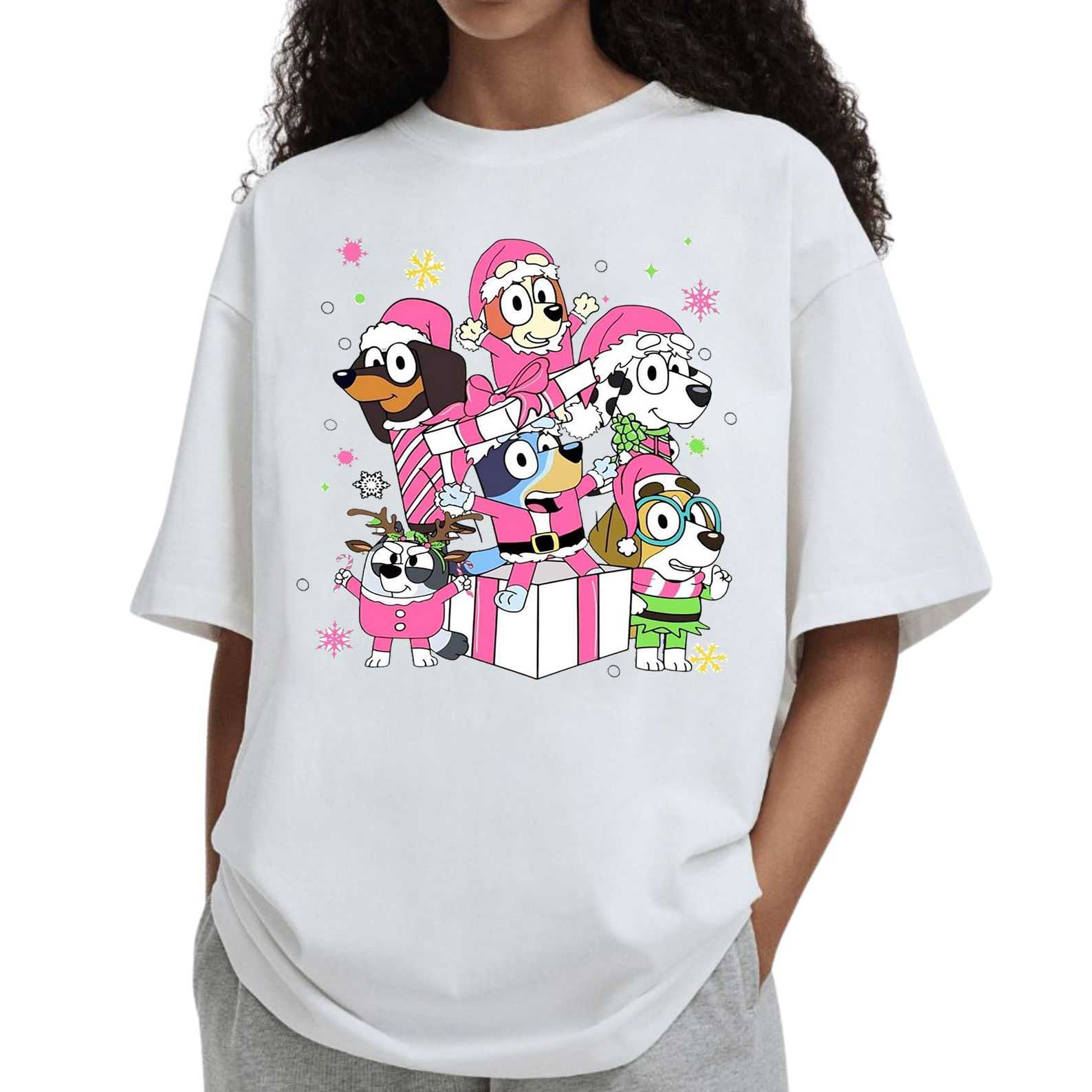 Pink Christmas Tee – Cartoon Dog Squad Holiday Shirt