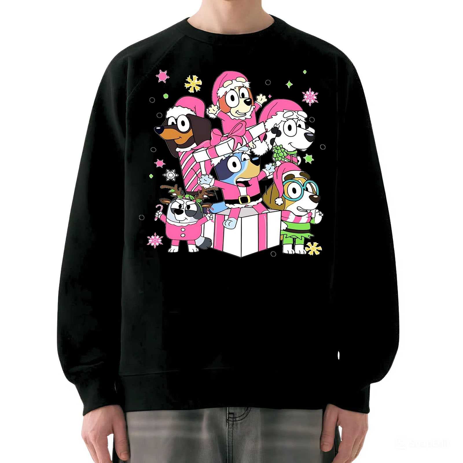 Pink Christmas Sweatshirt – Cartoon Dog Holiday Squad Crewneck
