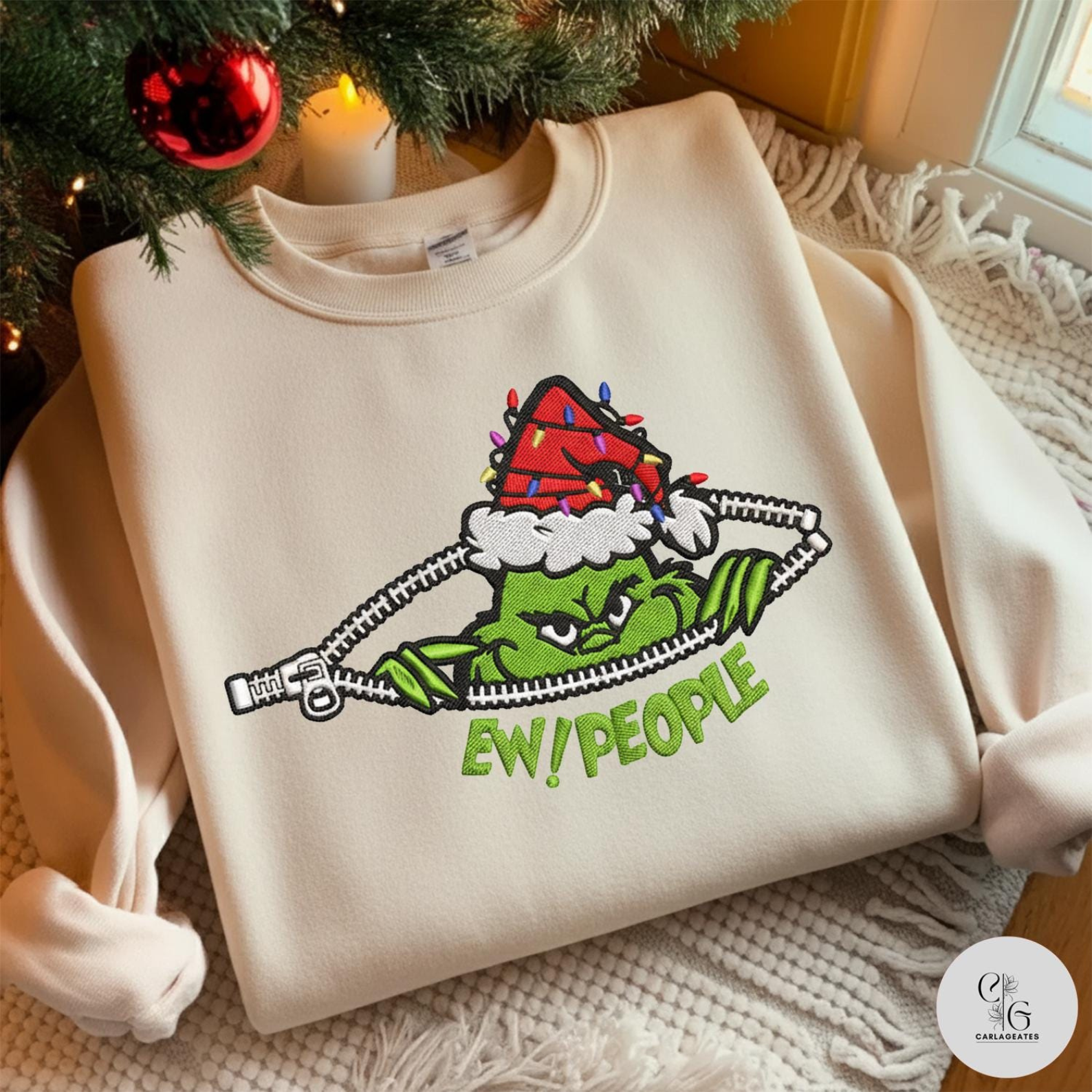 Grinch Zipper Ew People Embroidered Design - Anti Social Christmas Sweatshirt