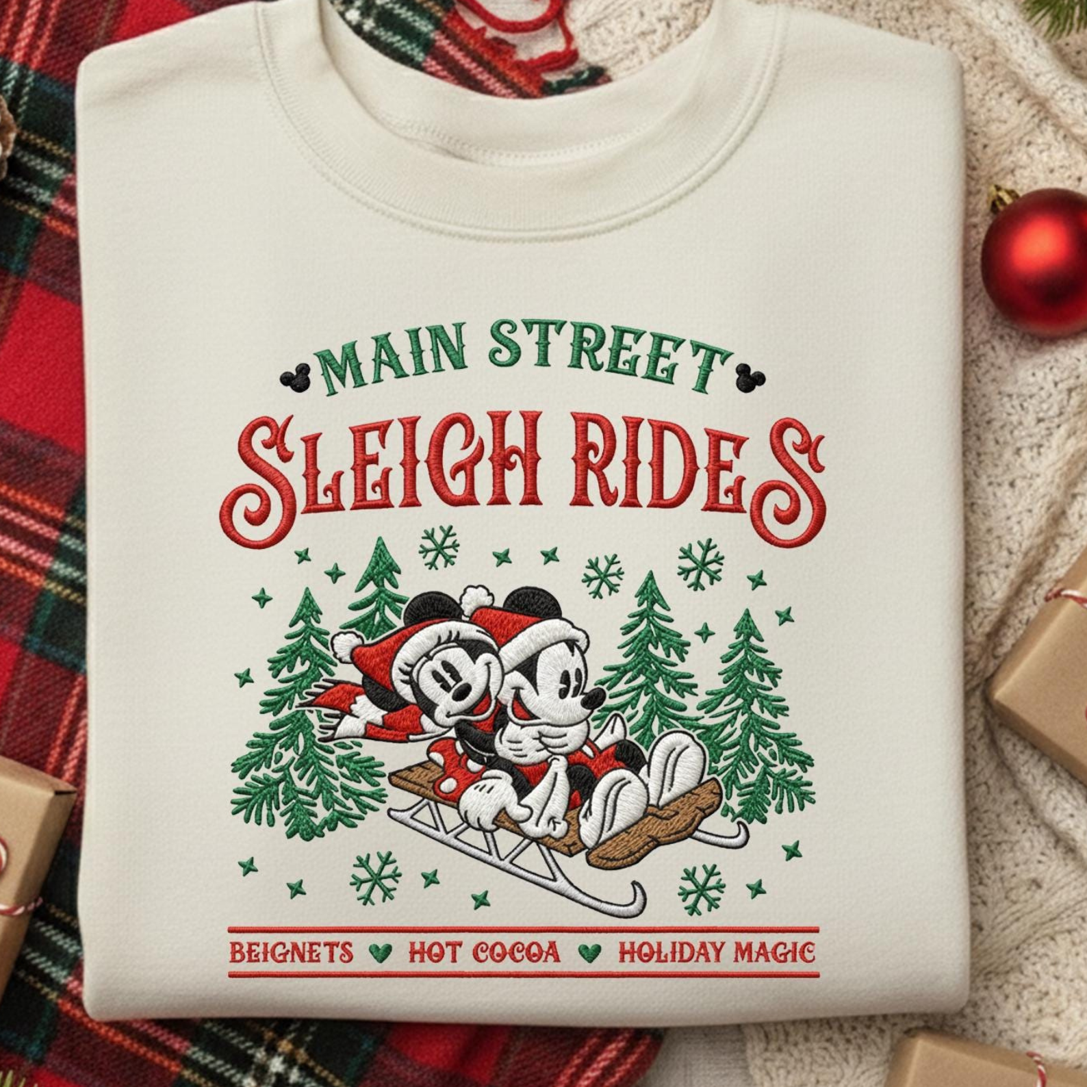 Mickey & Minnie Sleigh Rides Embroidered Design - Hot Cocoa Magic Sweatshirt