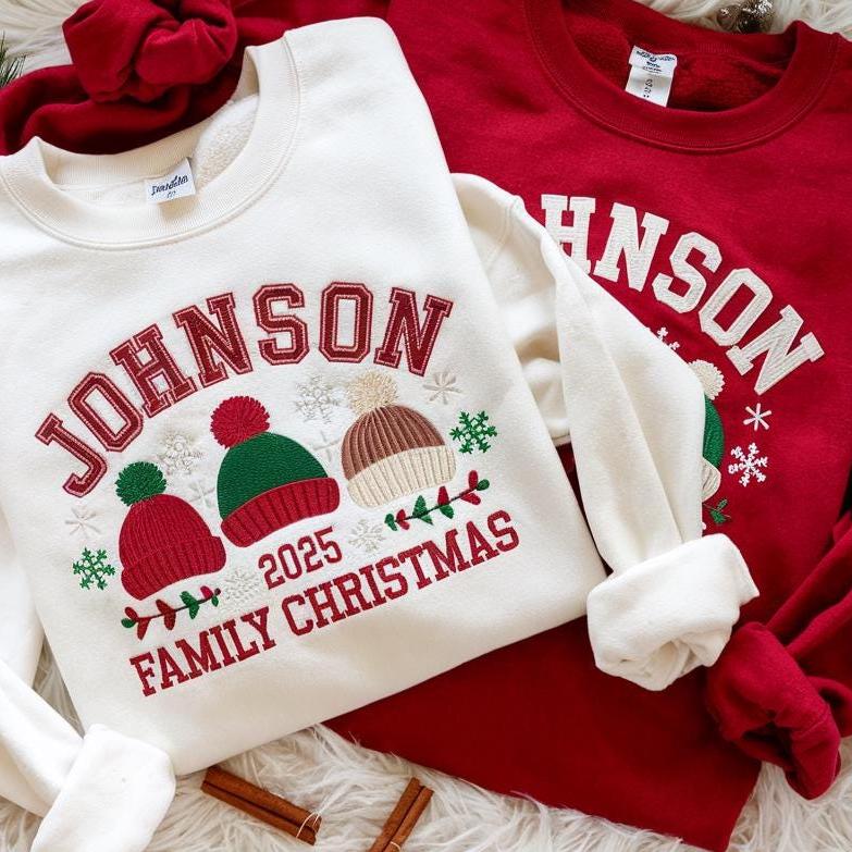 Family Pom Pom Hats Custom Name - Christmas Embroidered Sweatshirt