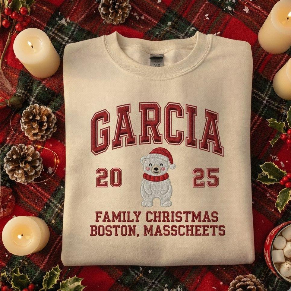 Polar Bear Custom Family Name - Christmas Embroidered Sweatshirt