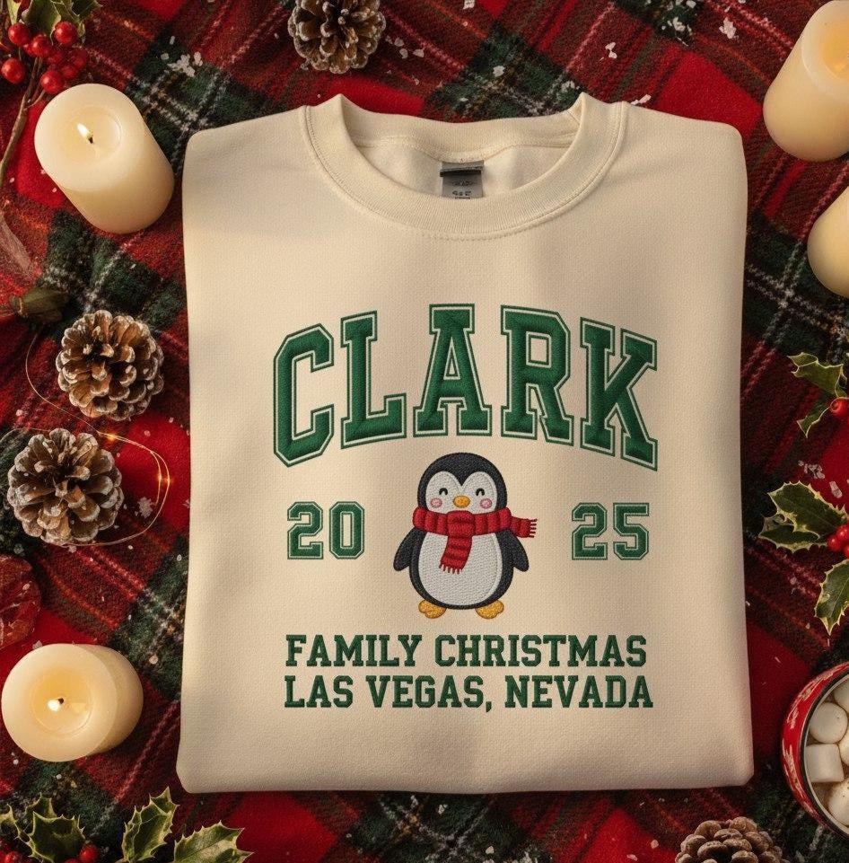 Penguin Custom Family Name - Christmas Embroidered Sweatshirt