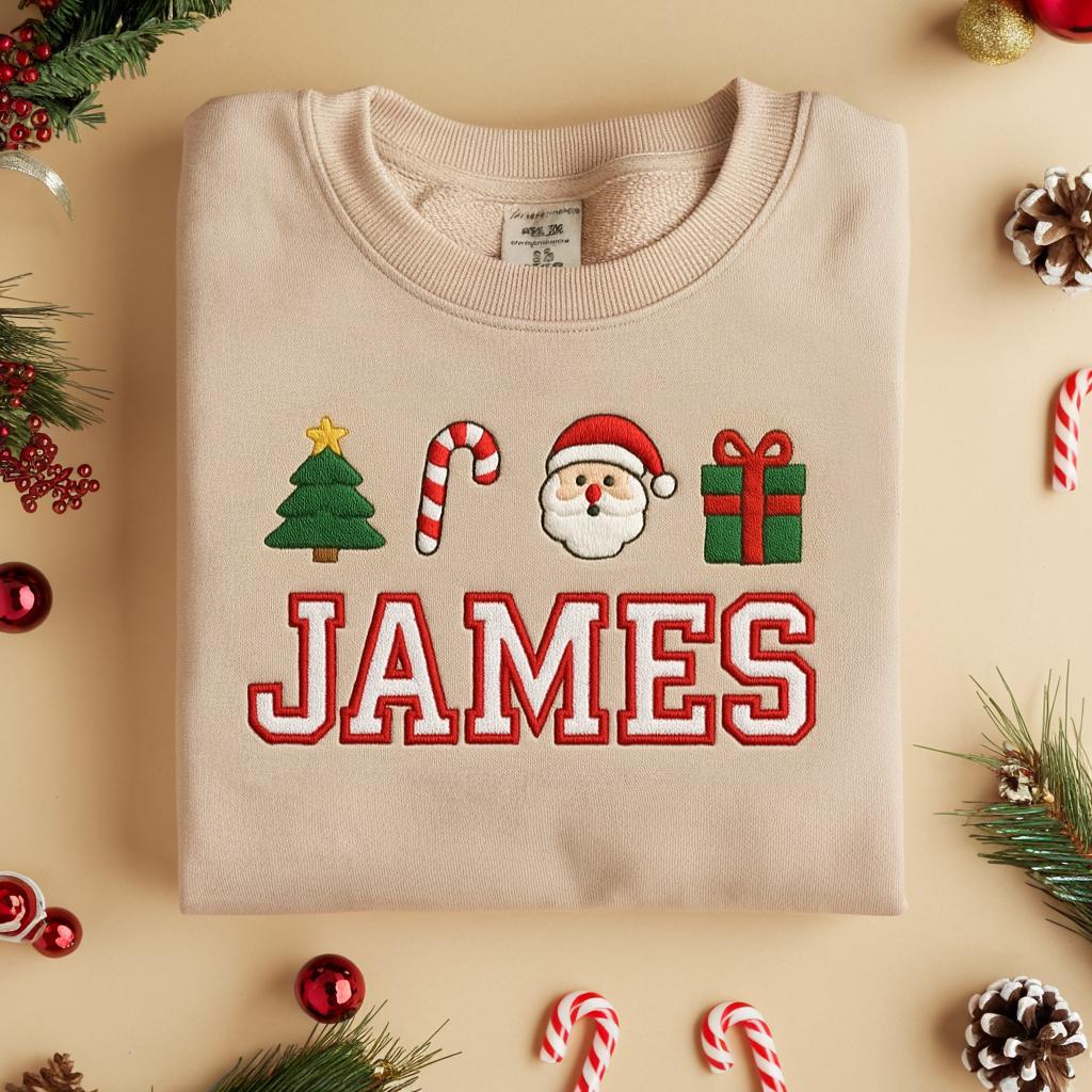 Christmas Icons Custom Name Embroidered Design - Festive Personalized Sweatshirt