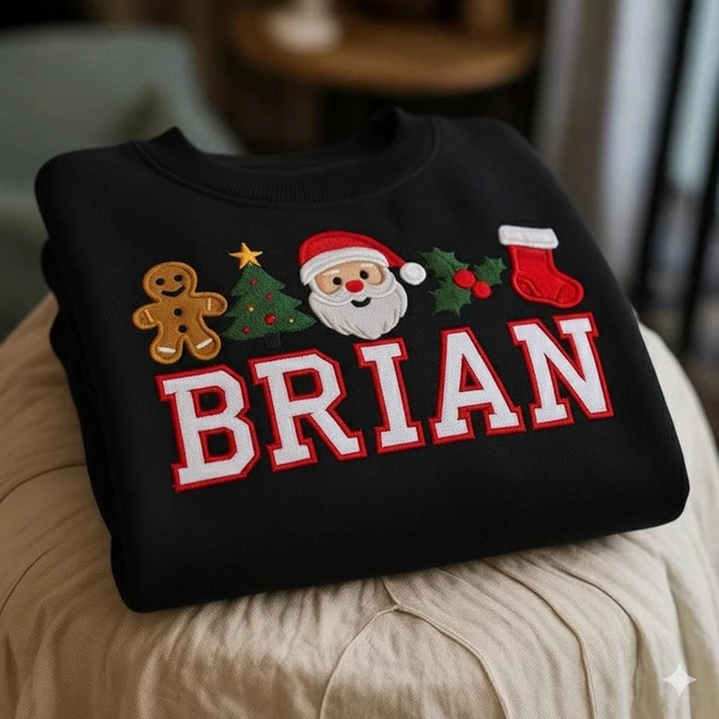 Christmas Icons Custom Name Embroidered Design - Festive Personalized Sweatshirt