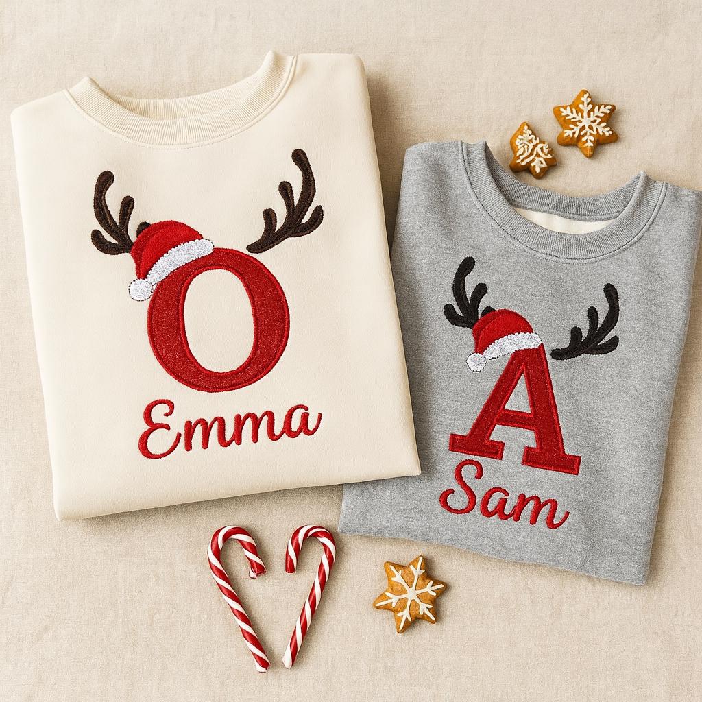 Reindeer Antlers Initial Embroidered Design - Custom Name Sweatshirt