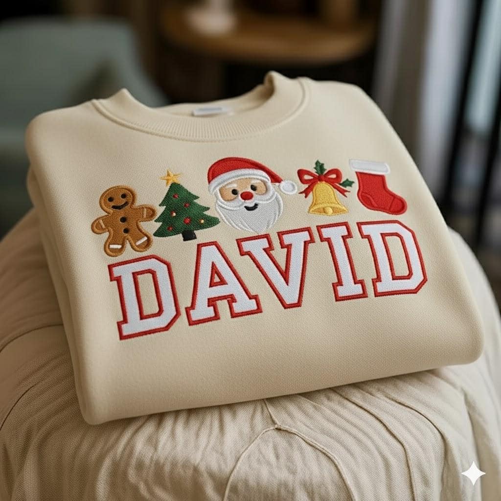 Christmas Icons Custom Name Embroidered Design - Festive Personalized Sweatshirt
