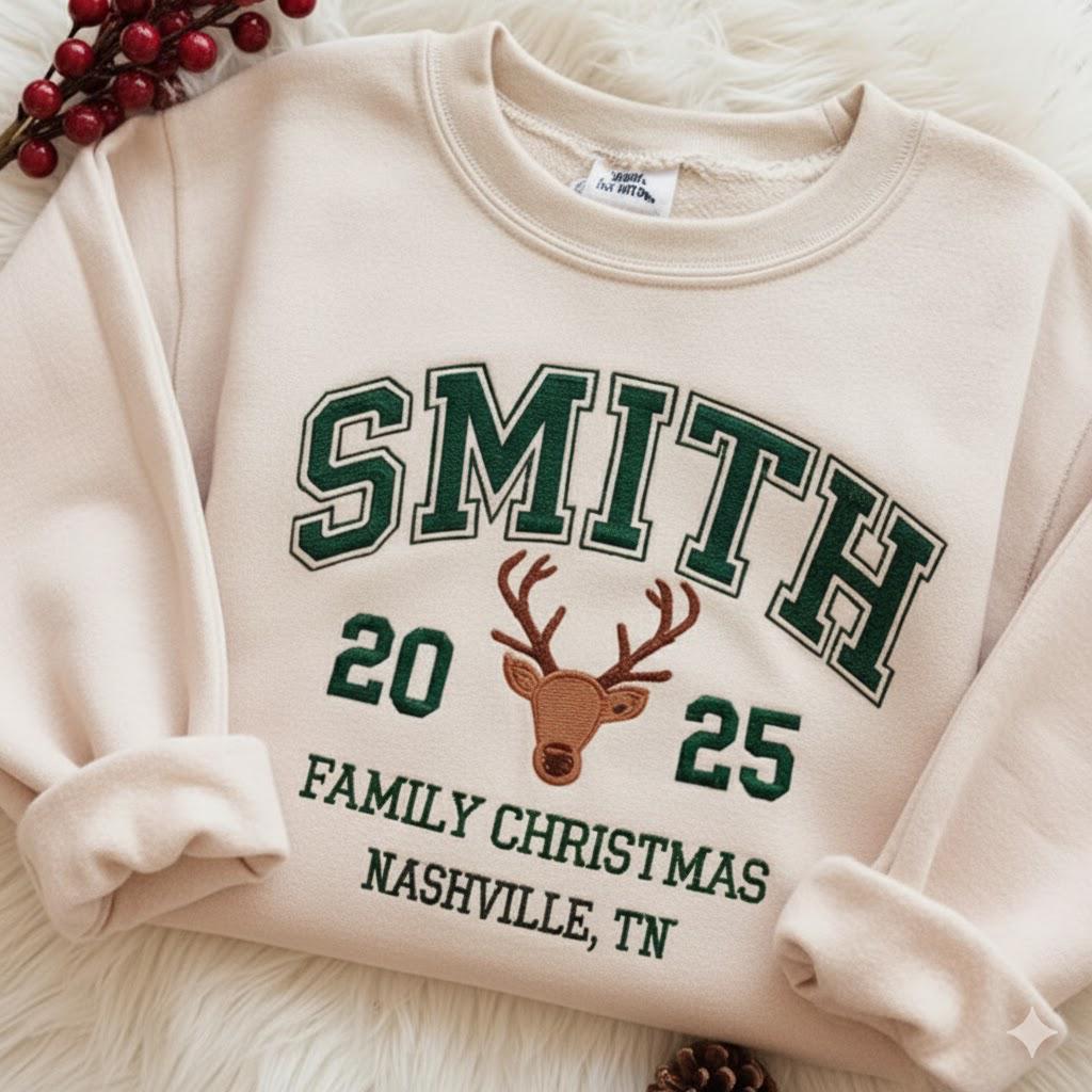 Reindeer Head Custom Family Name - Christmas Embroidered Sweatshirt