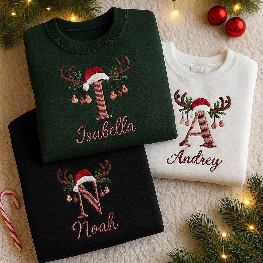 Reindeer Initial Holly Embroidered Design - Personalized Name Sweatshirt