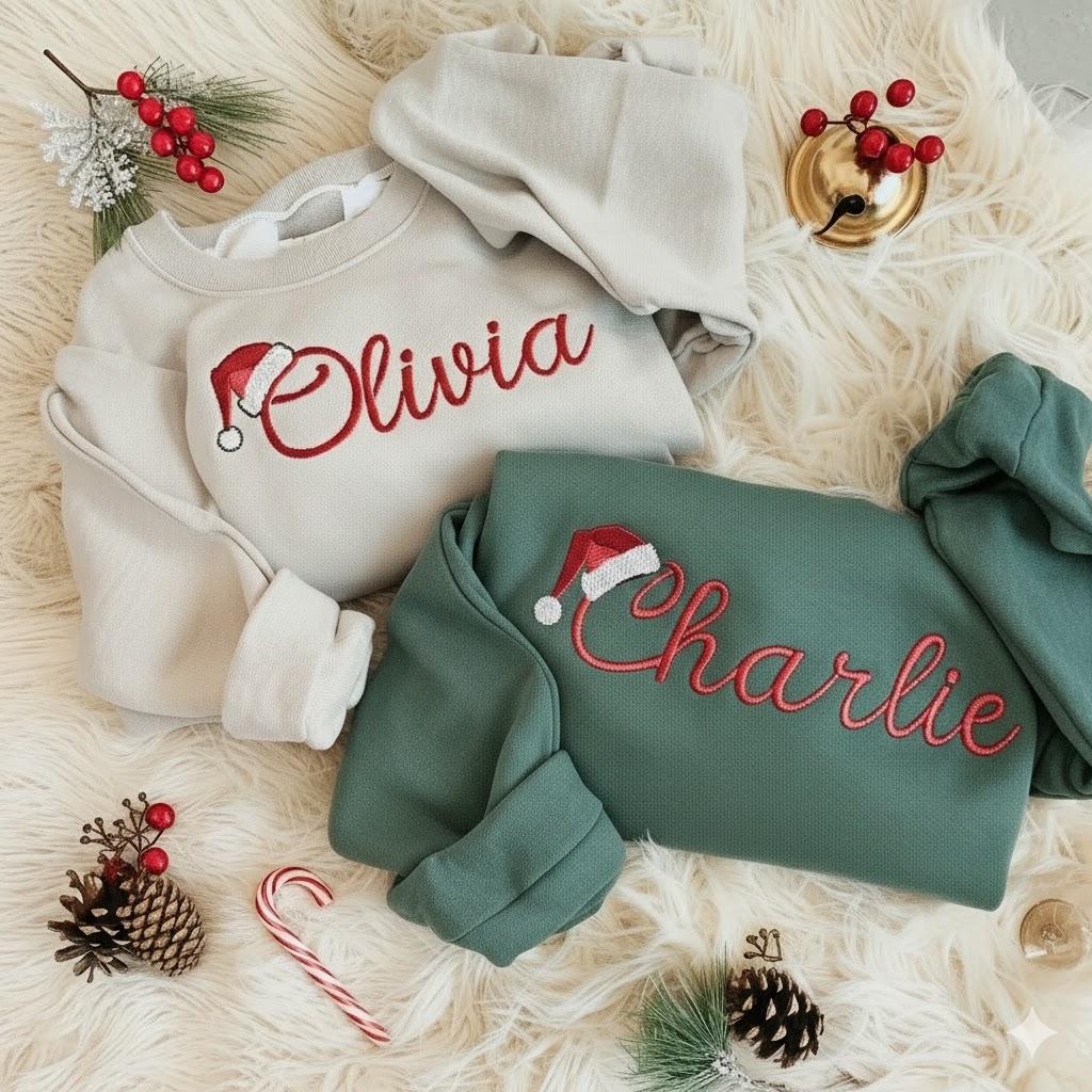 Cursive Name Santa Hat Embroidered Design - Personalized Holiday Sweatshirt