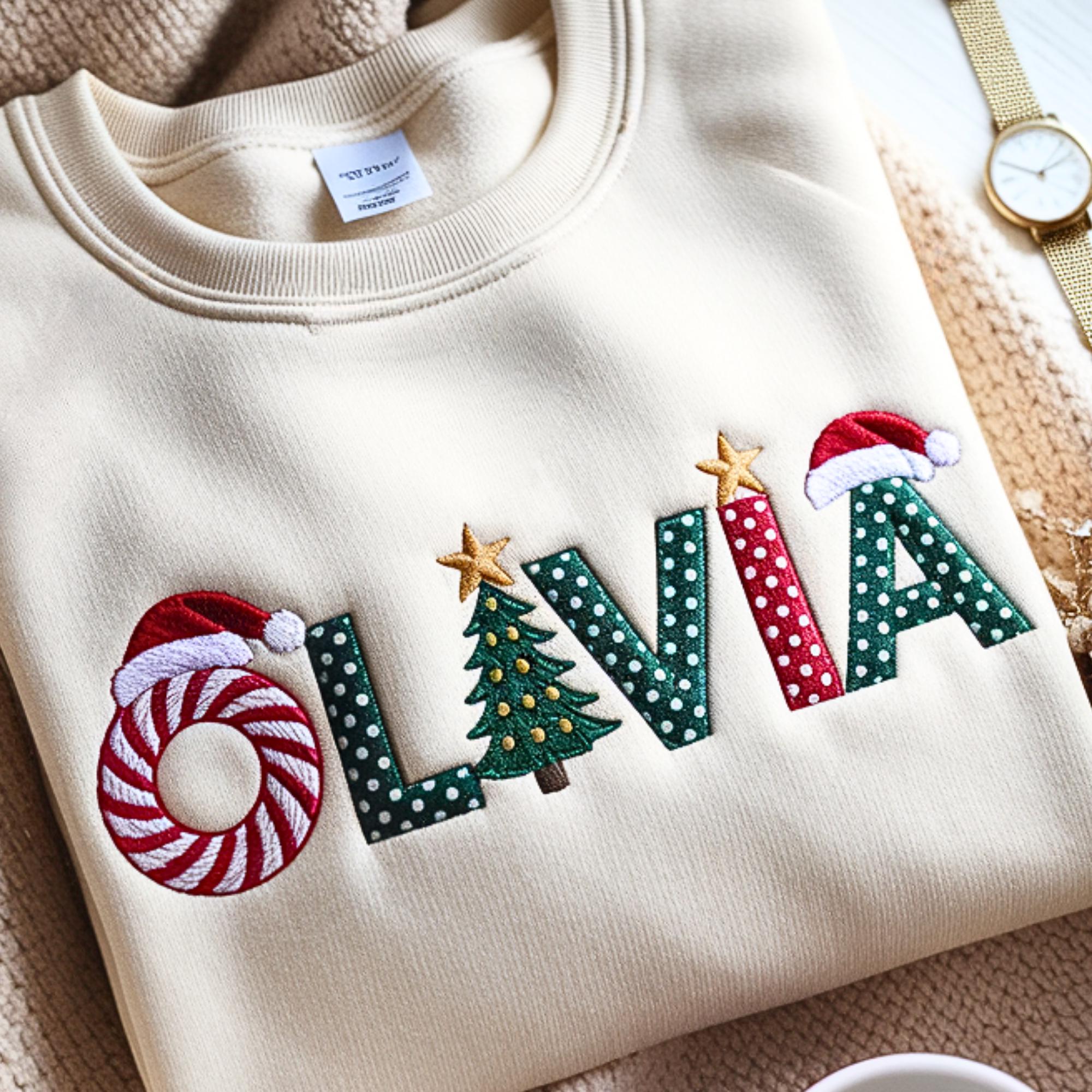 Christmas Icons Custom Name Embroidered Design - Festive Personalized Sweatshirt