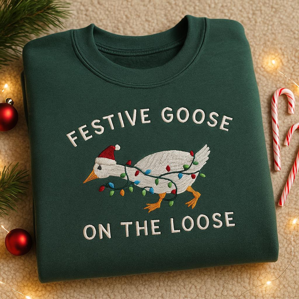 Embroidered Festive Goose On The Loose Sweatshirt - Cute Xmas Duck Crewneck