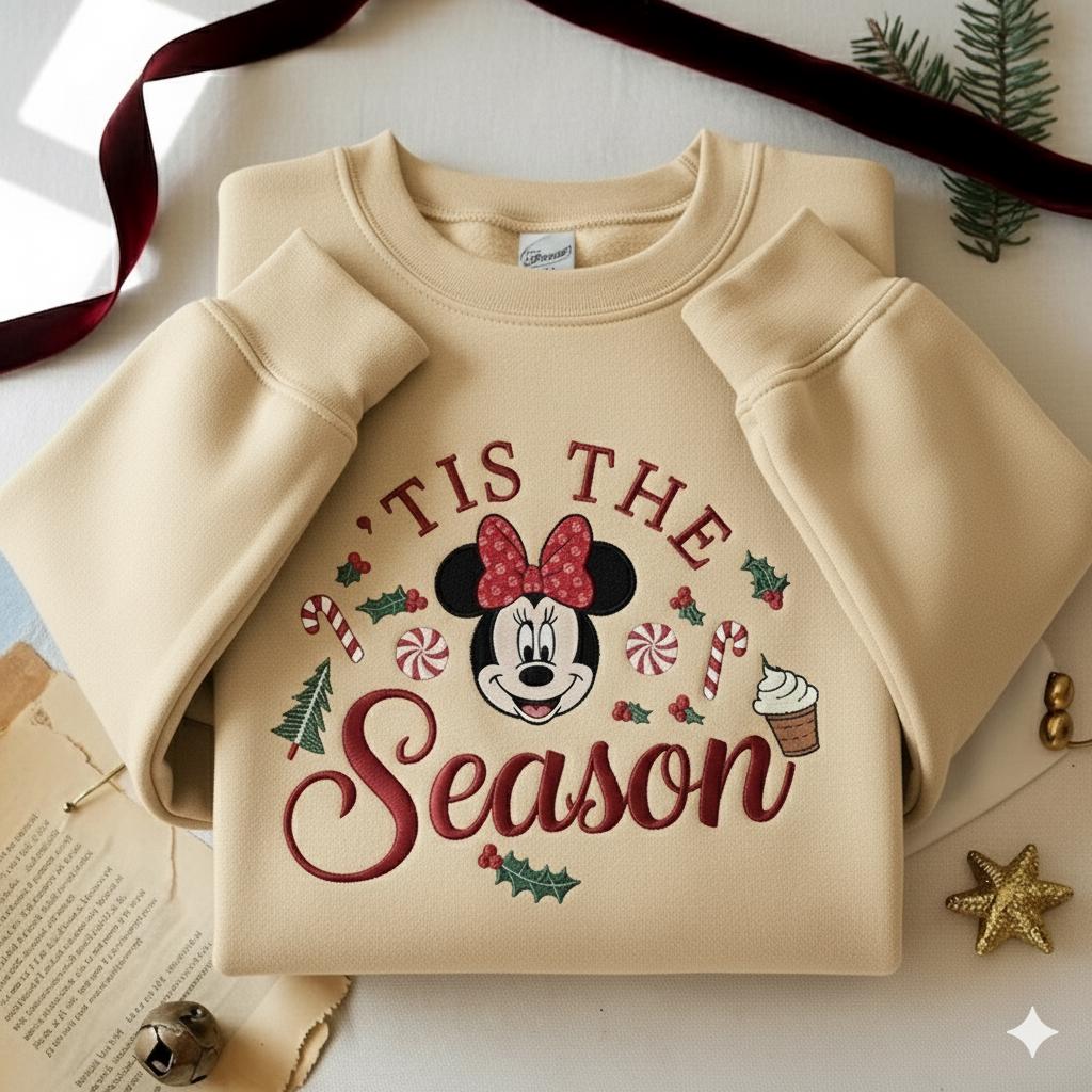 Minnie Christmas Embroidered Sweatshirt – Tis The Season Holiday Pullover