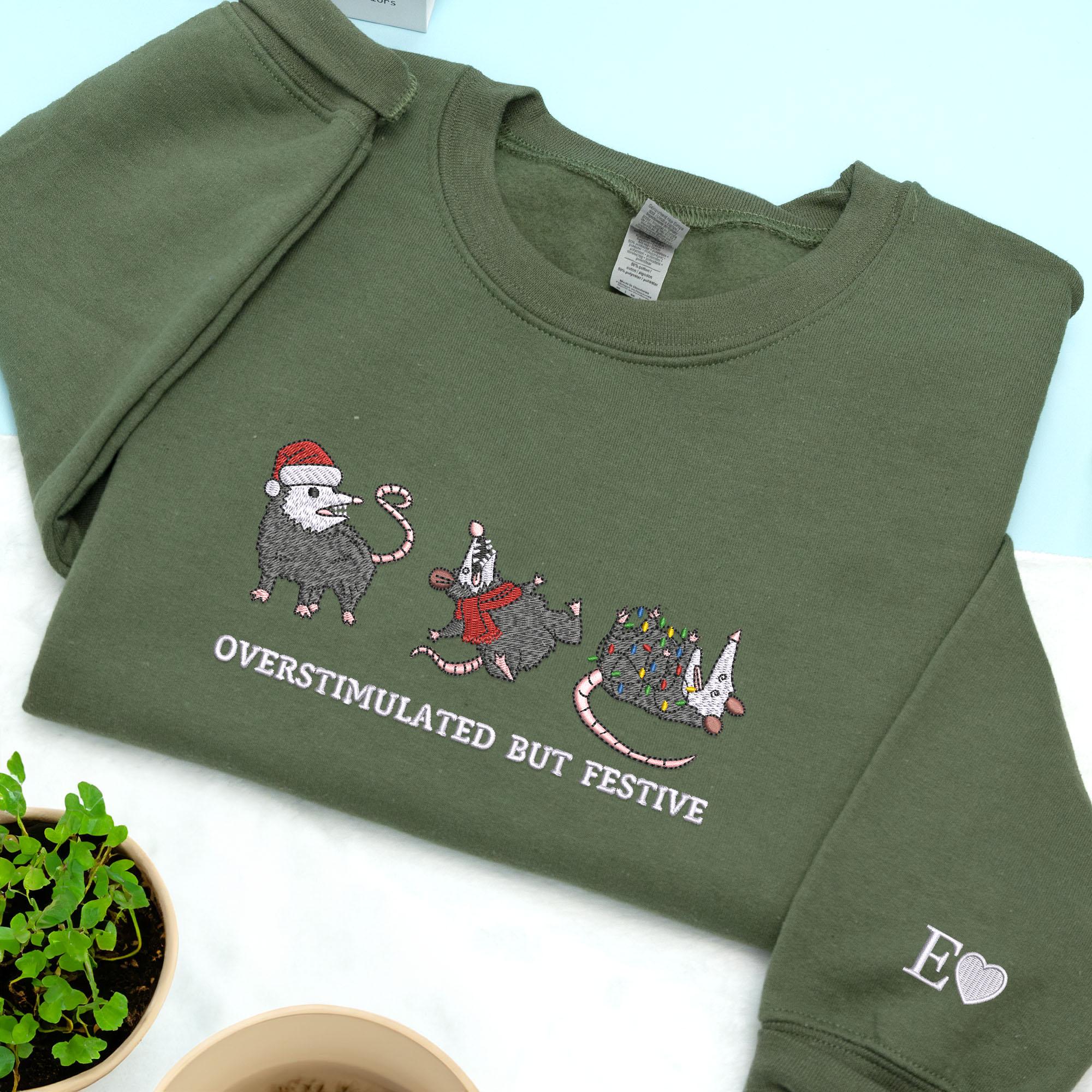 Opossum Holiday Embroidered Sweatshirt - Overstimulated Festive Possum Top