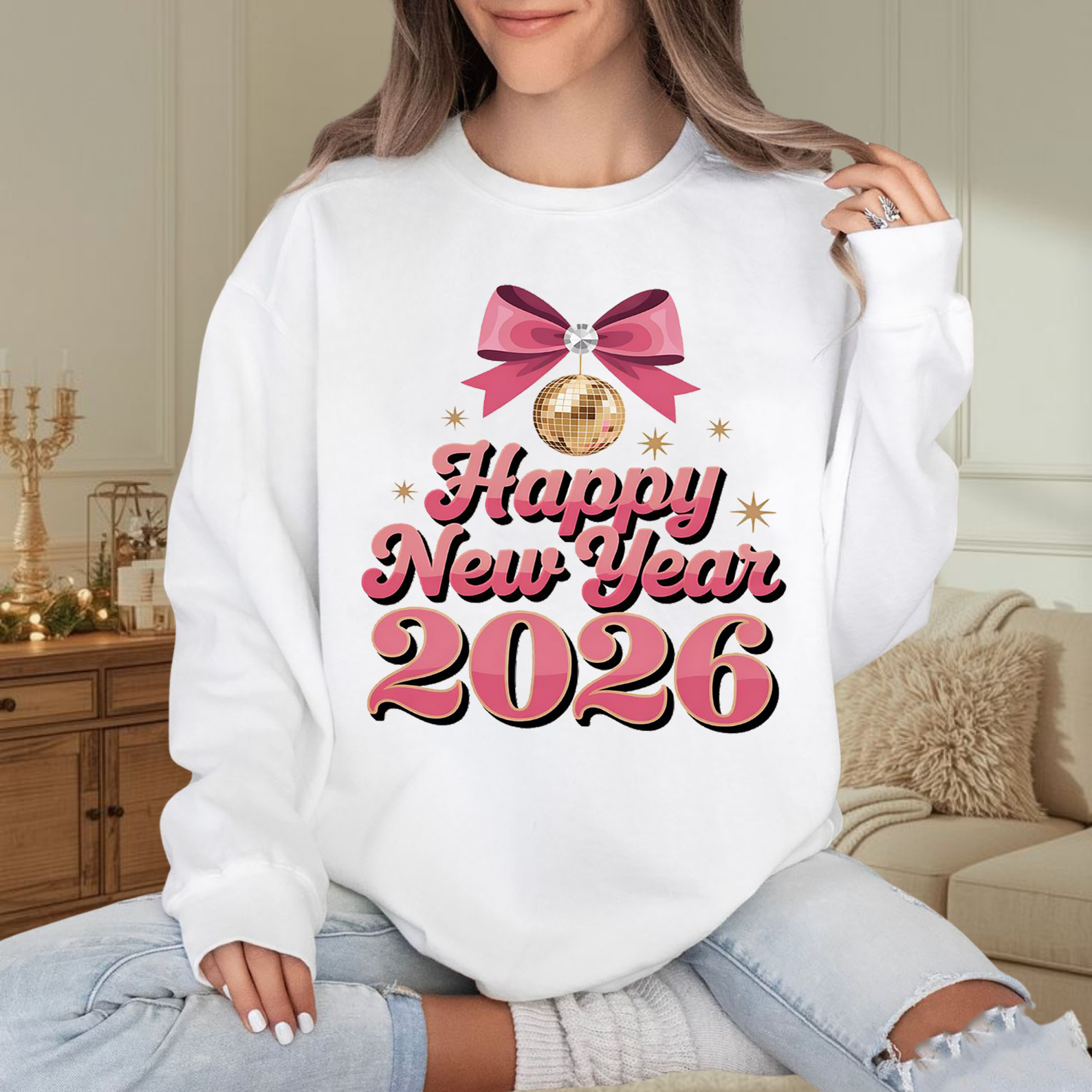 Happy New Year 2026 - Disco Ball Bow Pink Sweatshirt