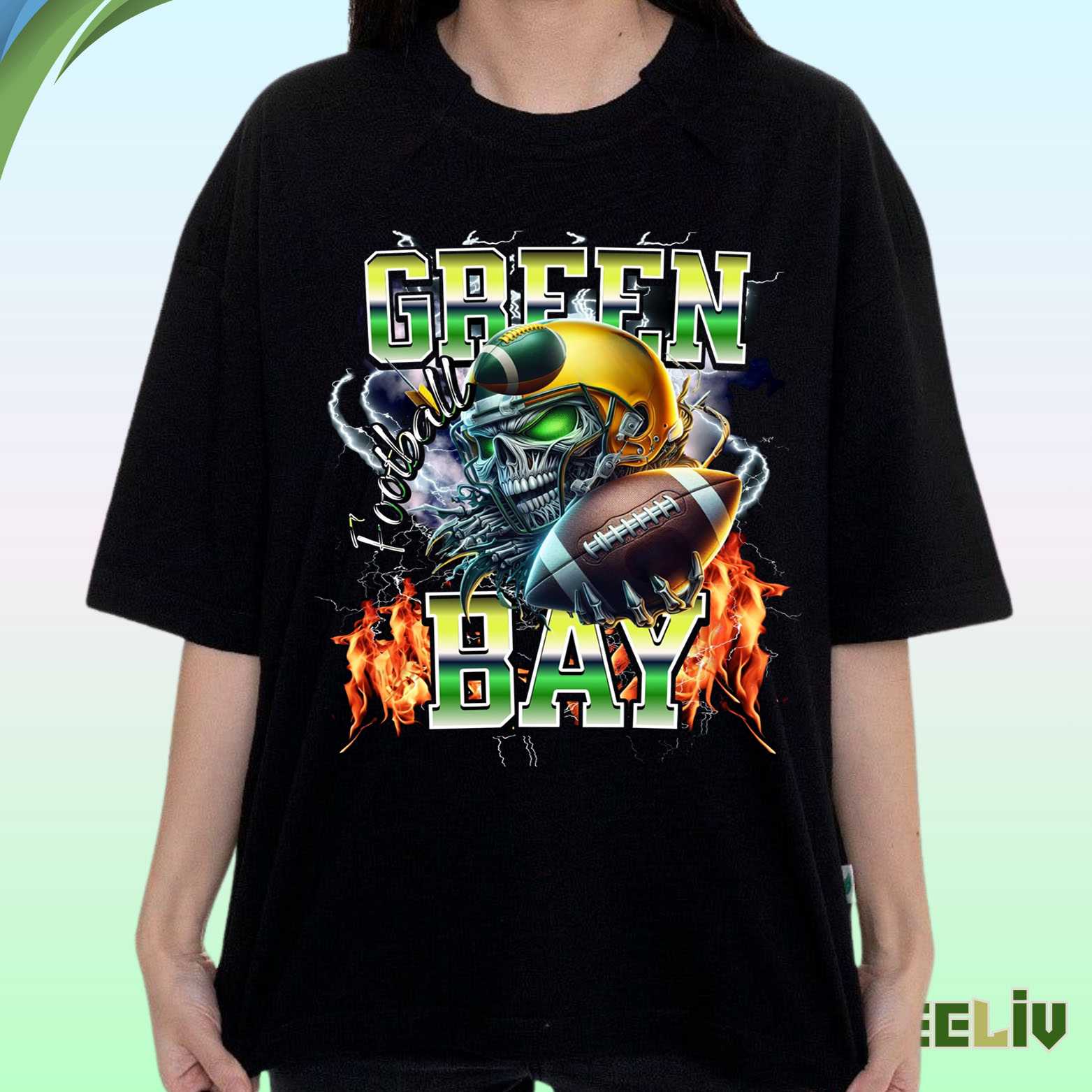 Green Bay Football T Shirt - Skull Flame Graphic