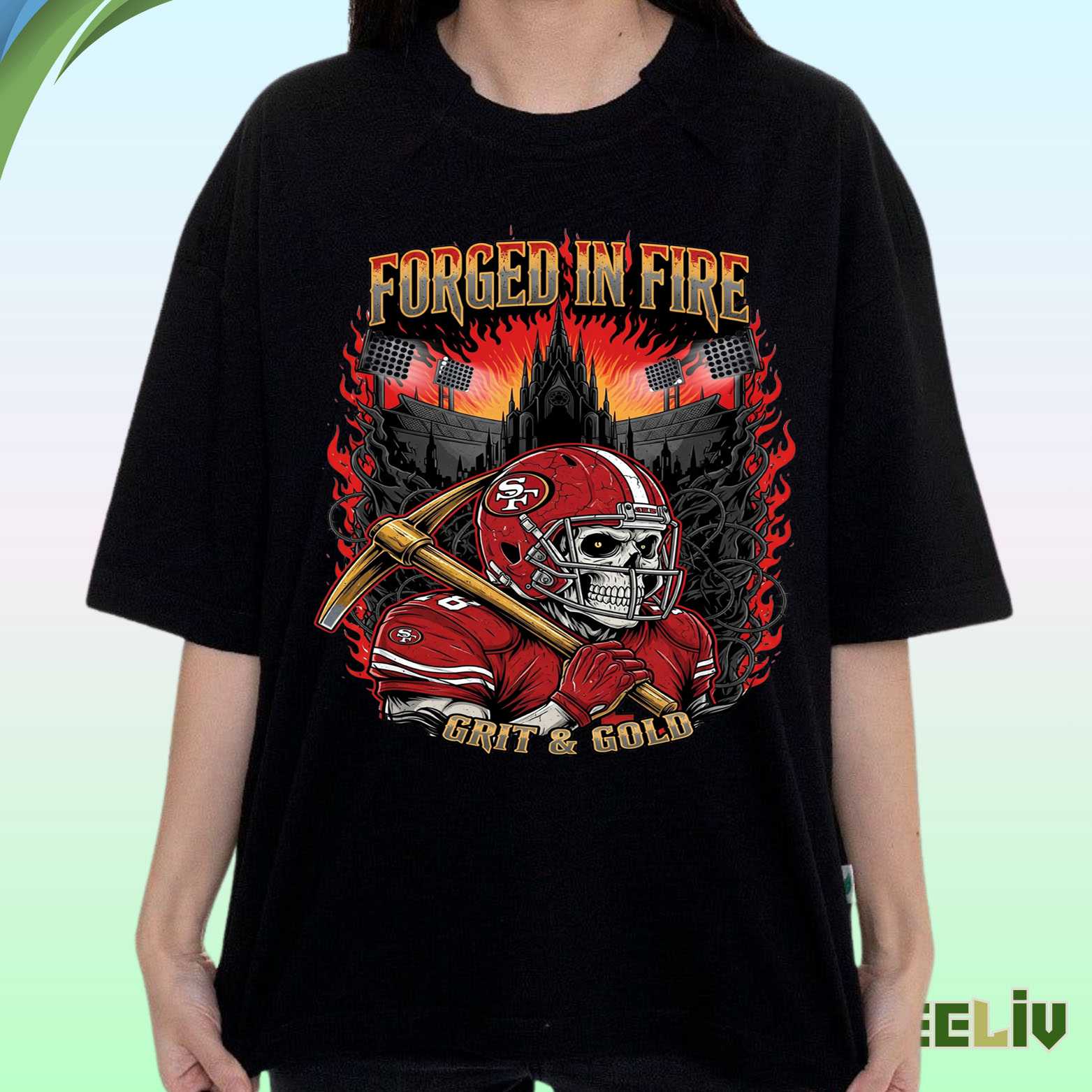 San Francisco 49ers T Shirt – Forged In Fire Grit & Gold Football Tee