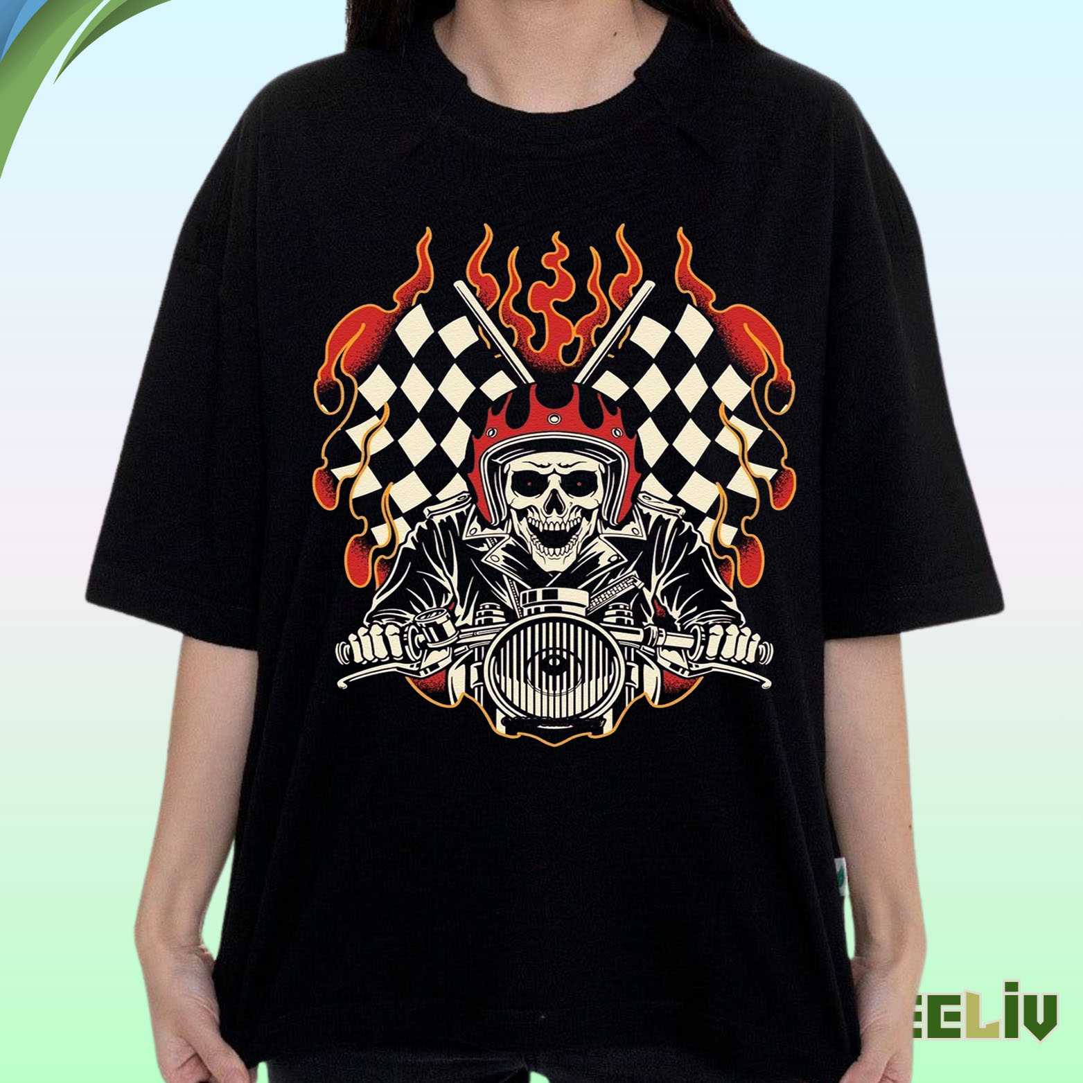 Skull Rider T Shirt – Flames And Checkered Flags Motorcycle Biker Tee