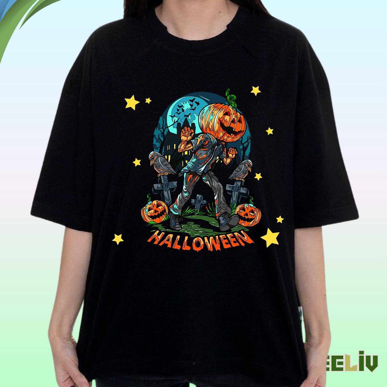 Pumpkin Head Zombie Halloween T Shirt – Spooky Graveyard Tee