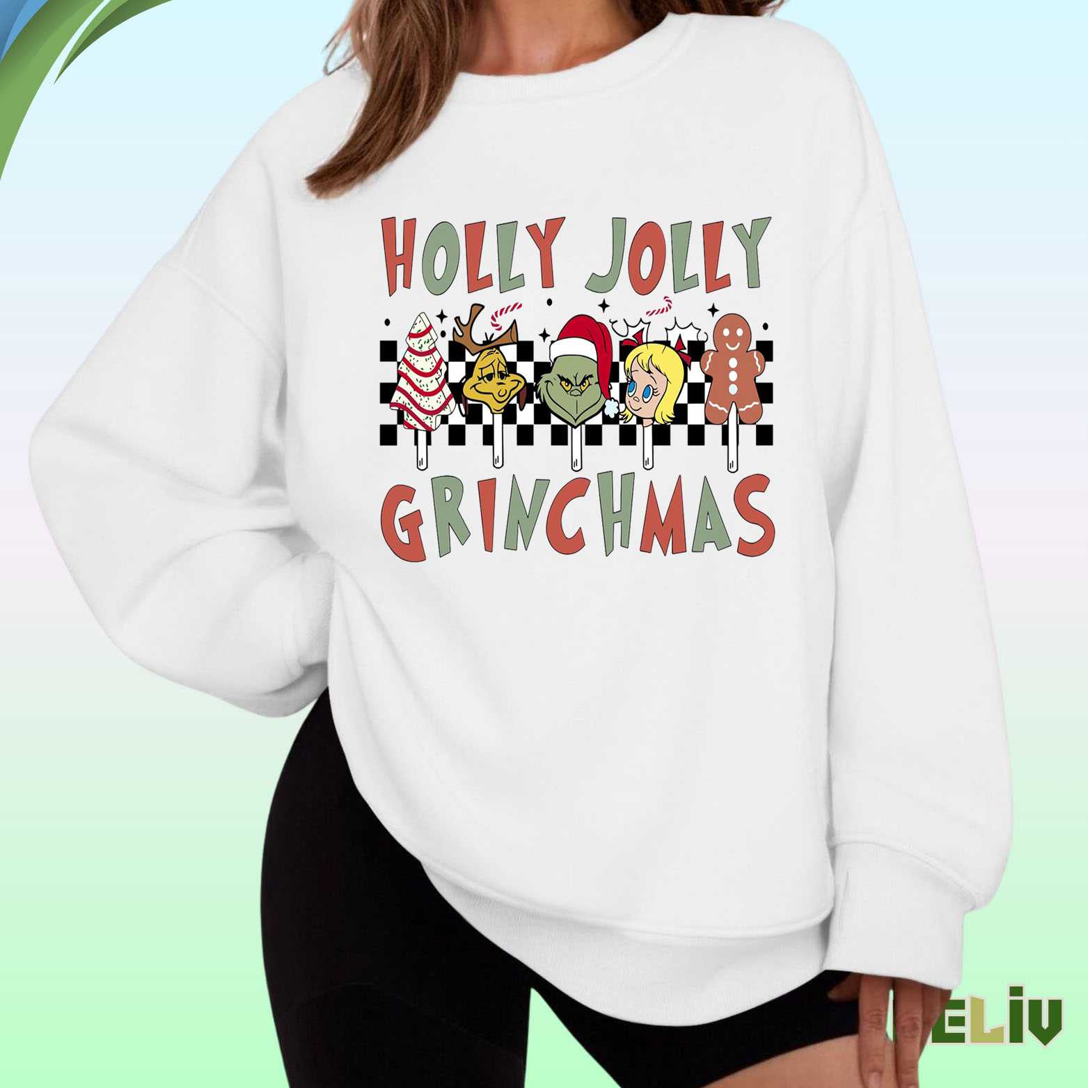 Holly Jolly Grinchmas Lollipop Crewneck - Retro Checkerboard Sweatshirt